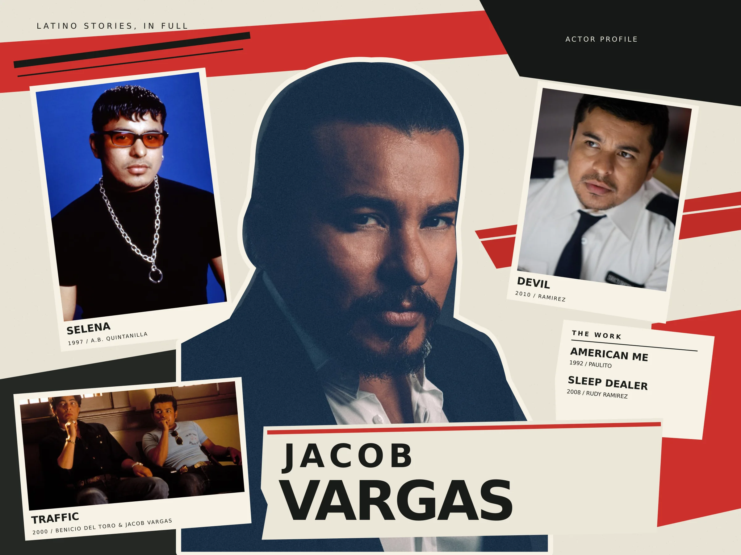 Jacob Vargas collage with original color portrait and photographs from Selena, Traffic and Devil