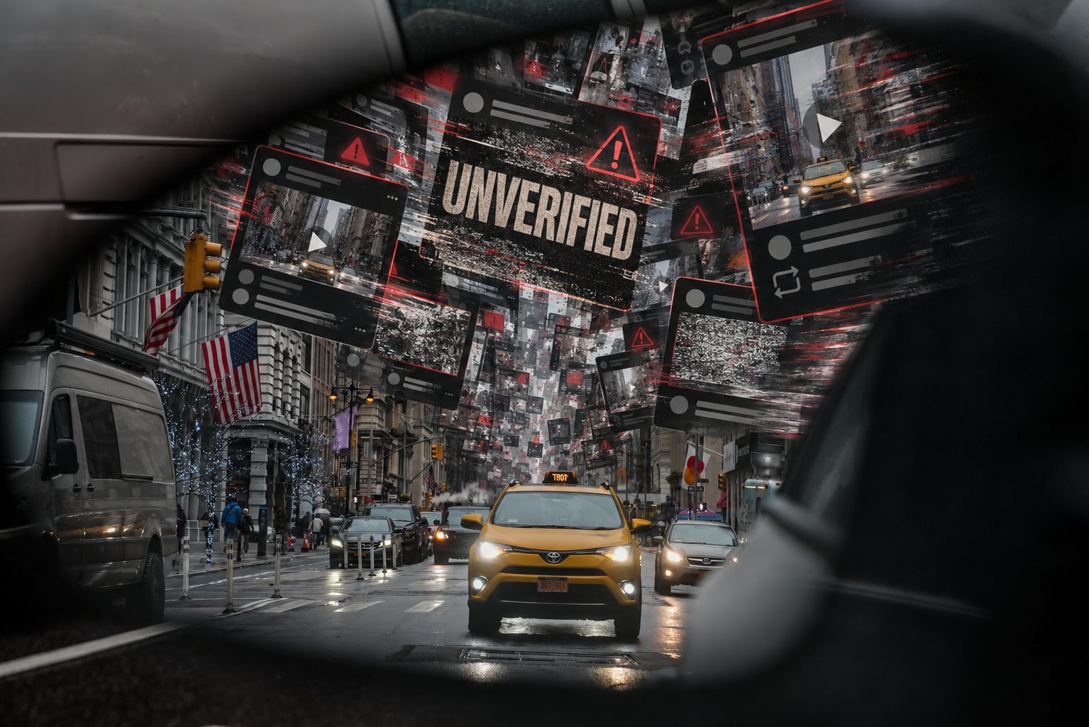 A looming avalanche of corrupted social-media feeds, red warning panels, and an “Unverified” label towers over a New York City street and yellow taxi reflected in a car mirror.