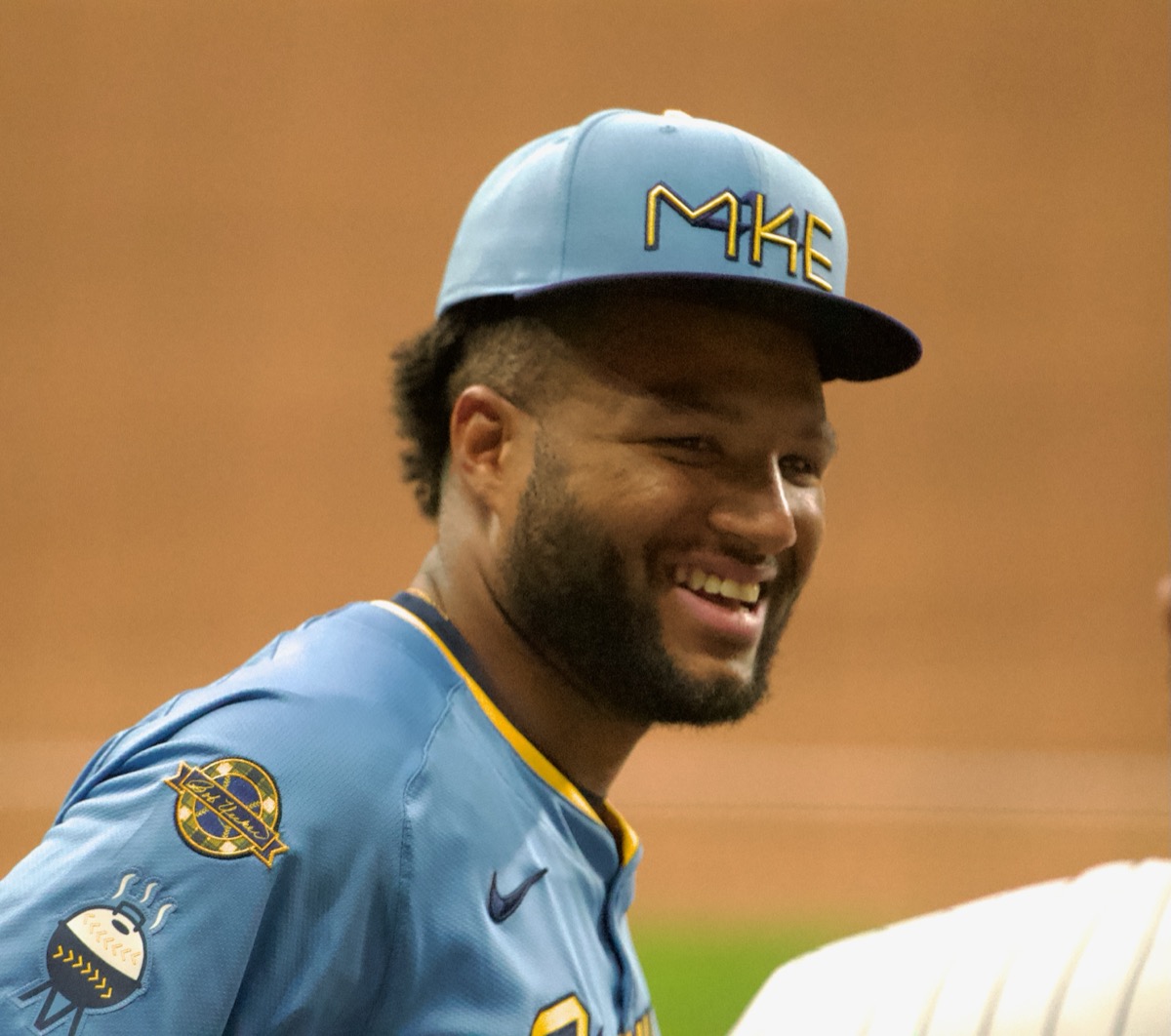 Jackson Chourio wearing a Milwaukee Brewers uniform.