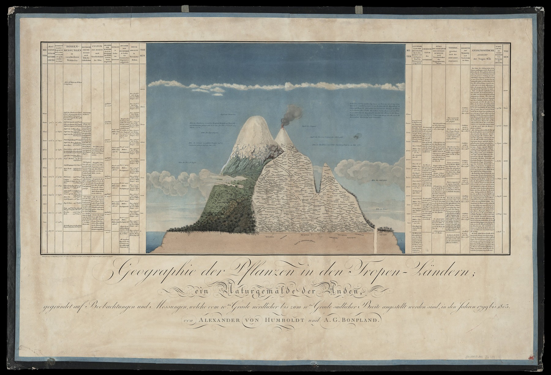 Humboldt’s 1807 Naturgemälde, with a central mountain cross-section and dense columns of scientific observations on either side.